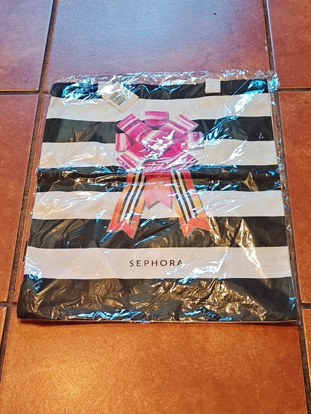 Sephora Black & White Striped Tote with Pink Bow Accent